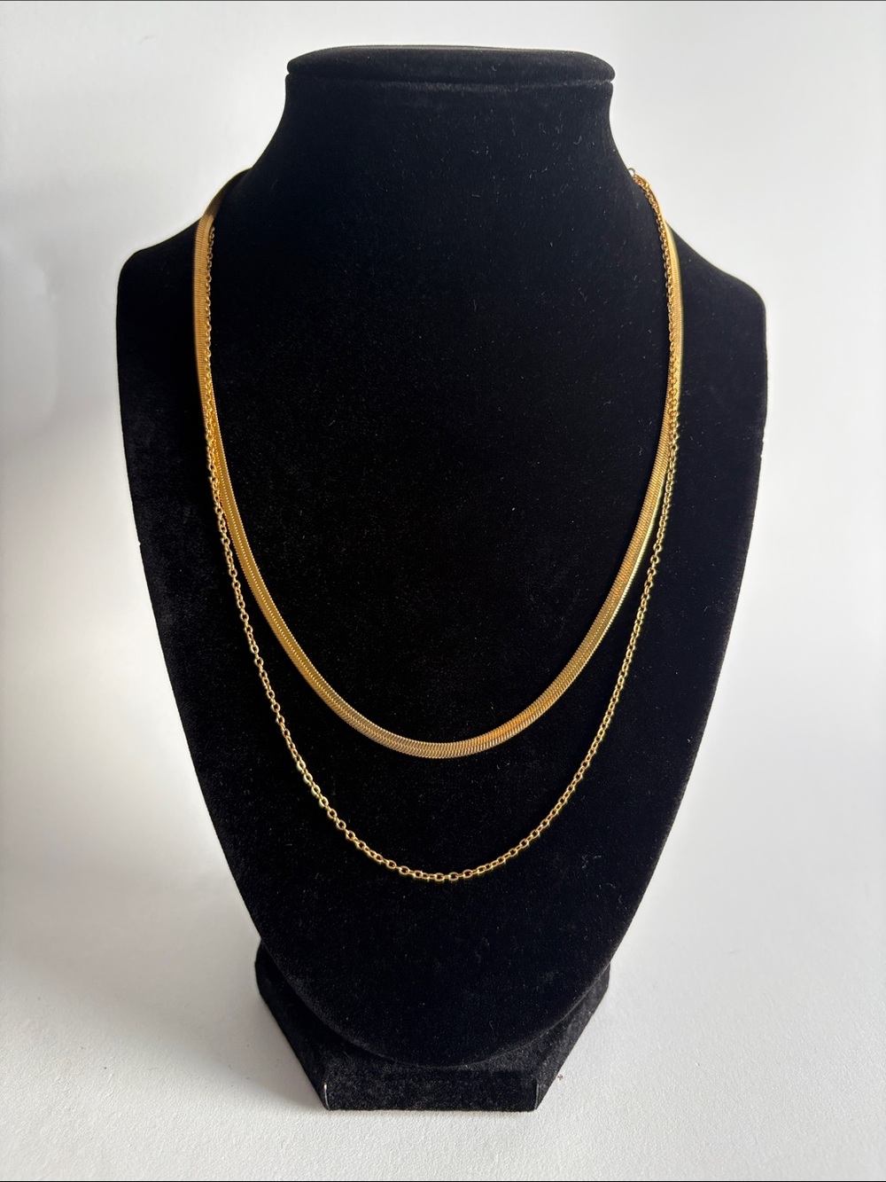 Gold Double Layer Necklace Herringbone Cable Chain Women Jewelry